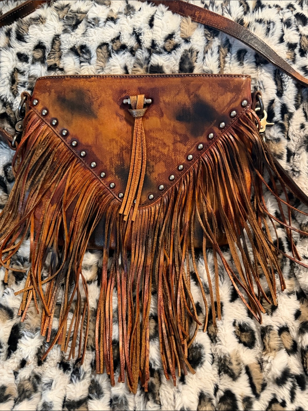 Fringed Leather Crossbody Bag in Distressed Brown